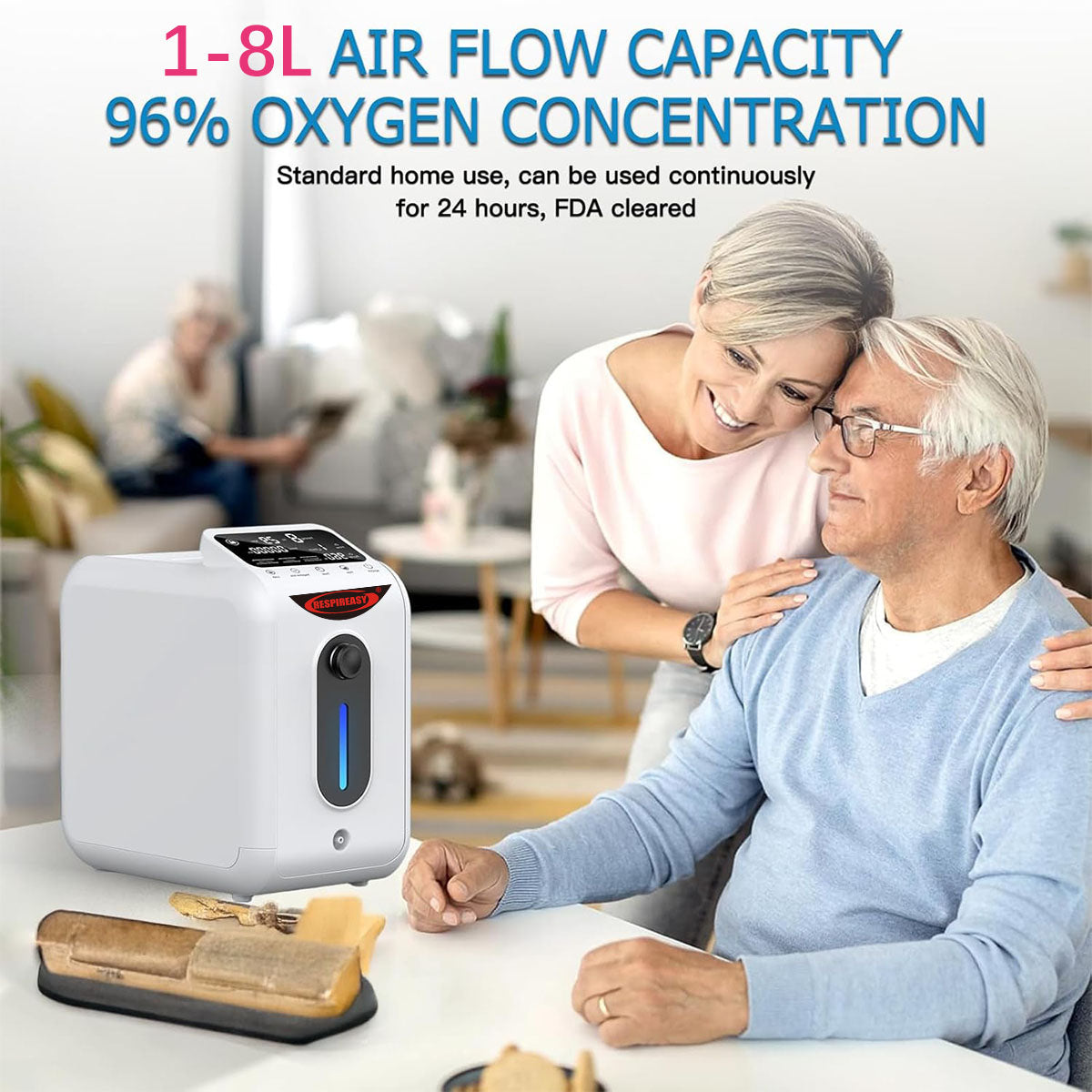 RESPIREASY Home Use Portable Oxygen Concentrator 1-8 Liter Per Minute Continuous Flow O2 Concentrator Machine 110V/220V RE-E1L