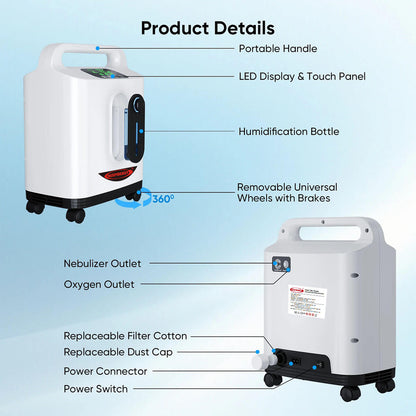 RESPIREASY Home Use Portable Oxygen Concentrator 2-9 Liter Per Minute Continuous Flow O2 Concentrator Machine 110V/220V RE-P2L