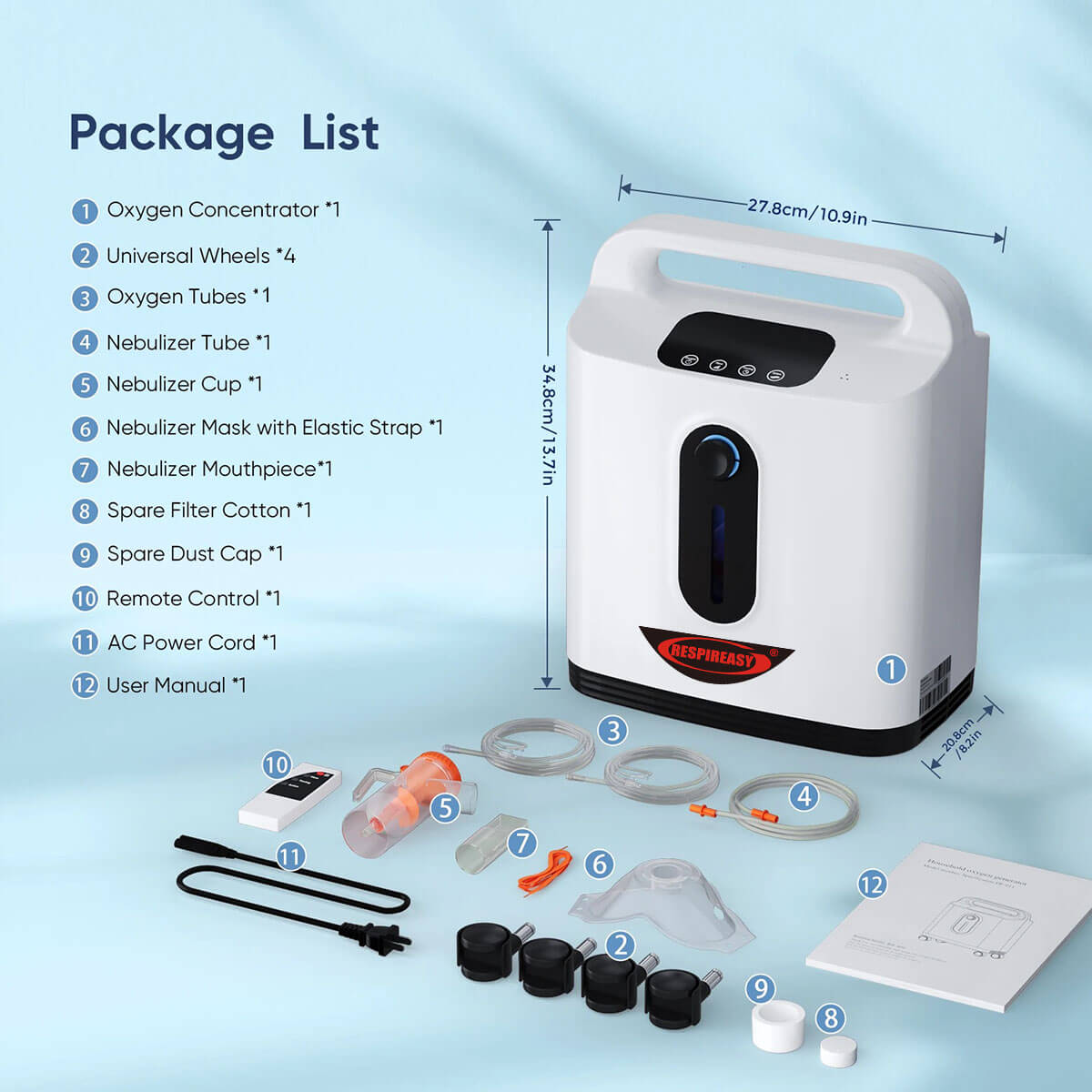 RESPIREASY Home Use Portable Oxygen Concentrator 2-9 Liter Per Minute Continuous Flow O2 Concentrator Machine 110V/220V RE-P2L