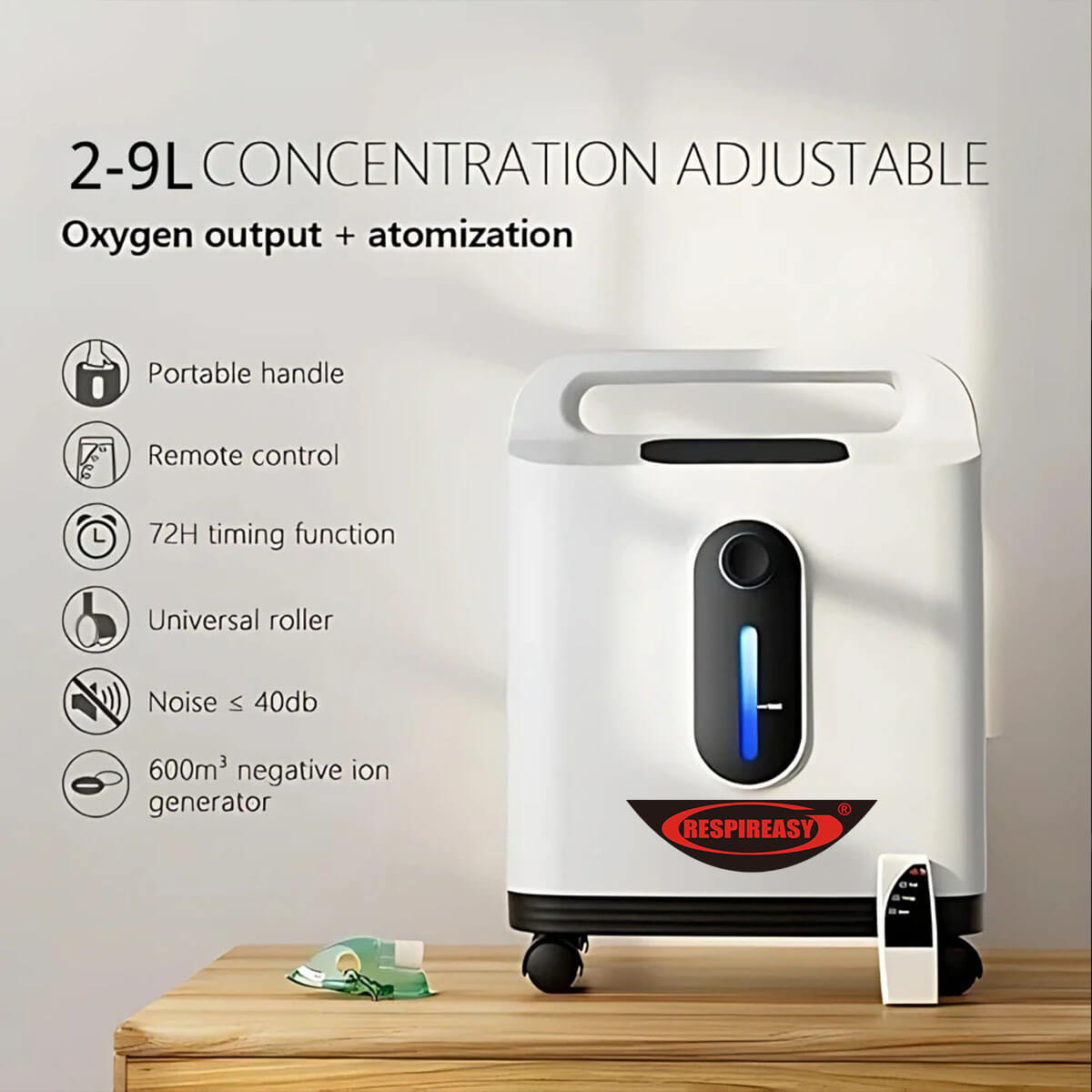RESPIREASY RE-P2L 9 Liters Per Minute Continuous Flow Oxygen Concentrator for Home Oxygen Therapy, Dual Function Oxygen & Nebulizer Machine