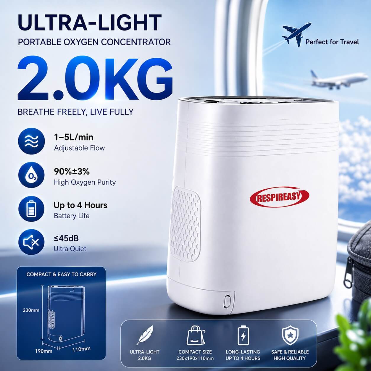 Concentrador de oxígeno portátil ligero de 2,3 kg con flujo continuo de 1-5 L Máquina de oxígeno recargable para uso doméstico y de viaje