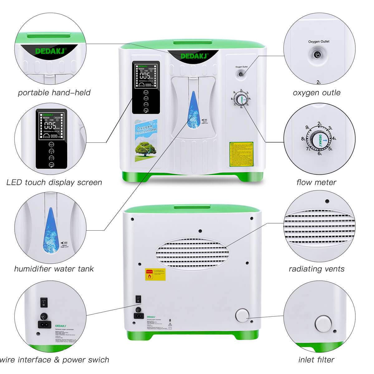 DEDAKJ Home Portable Oxygen Concentrator 9LPM Continuous Flow Adjustable Oxygen Making Machine O2 Generator for Personal Breathing Care