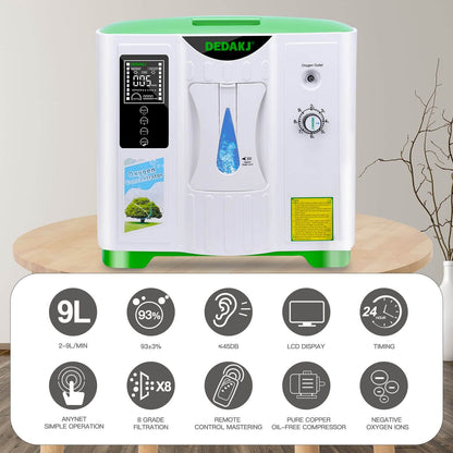 DEDAKJ Home Portable Oxygen Concentrator 9LPM Continuous Flow Adjustable Oxygen Making Machine O2 Generator for Personal Breathing Care