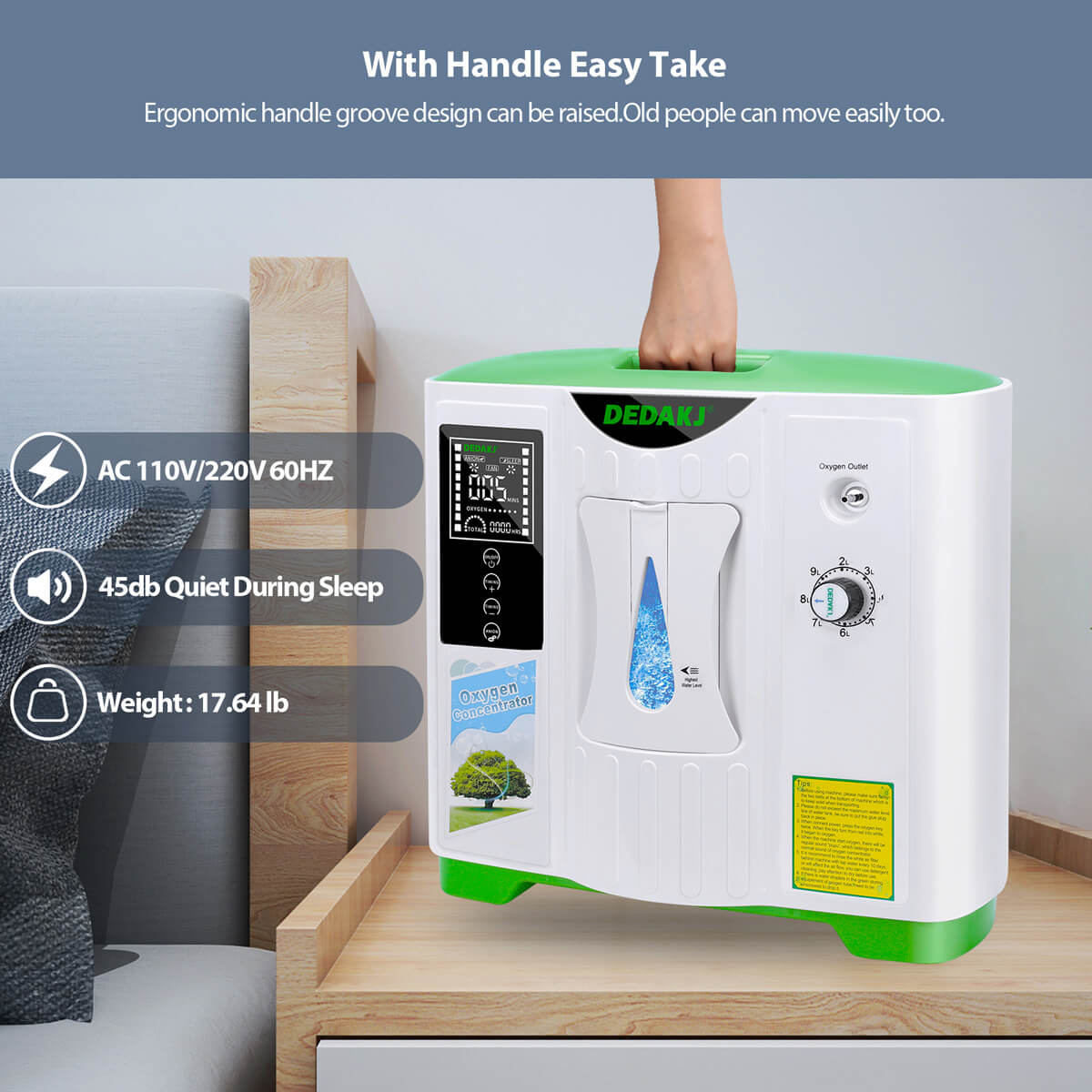 DEDAKJ Home Portable Oxygen Concentrator 9LPM Continuous Flow Adjustable Oxygen Making Machine O2 Generator for Personal Breathing Care