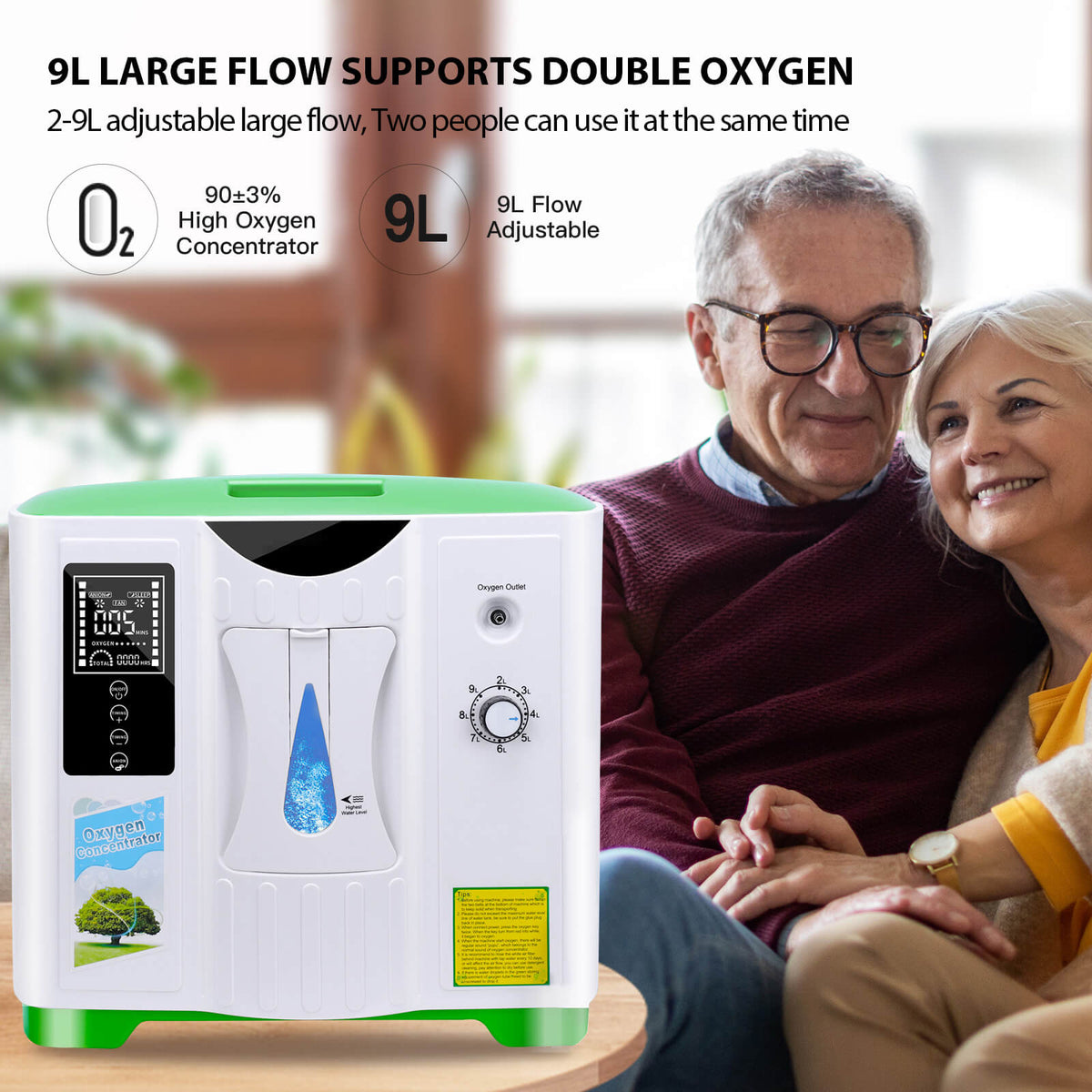 DEDAKJ Home Portable Oxygen Concentrator 9LPM Continuous Flow Adjustable Oxygen Making Machine O2 Generator for Personal Breathing Care