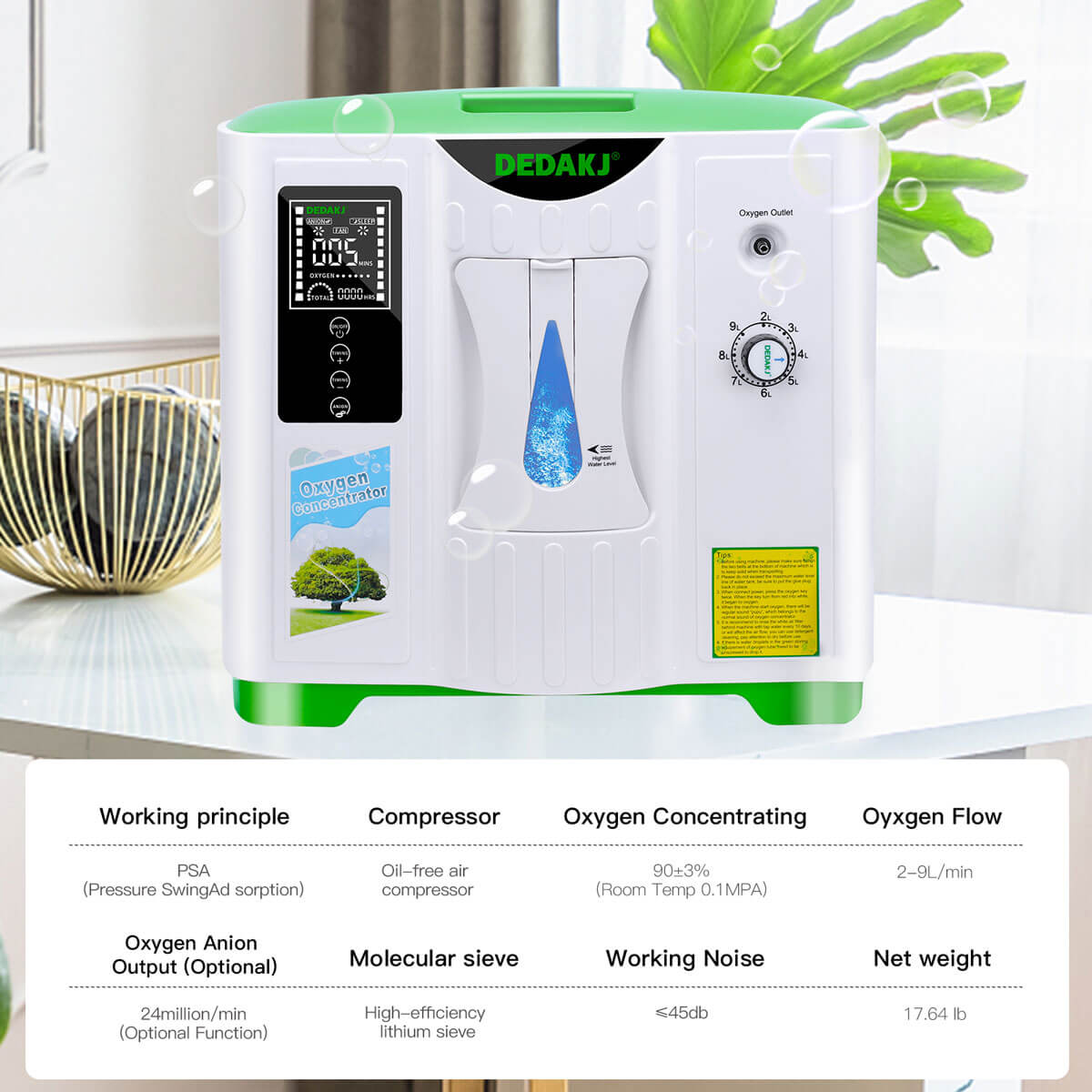 DEDAKJ Home Portable Oxygen Concentrator 9LPM Continuous Flow Adjustable Oxygen Making Machine O2 Generator for Personal Breathing Care
