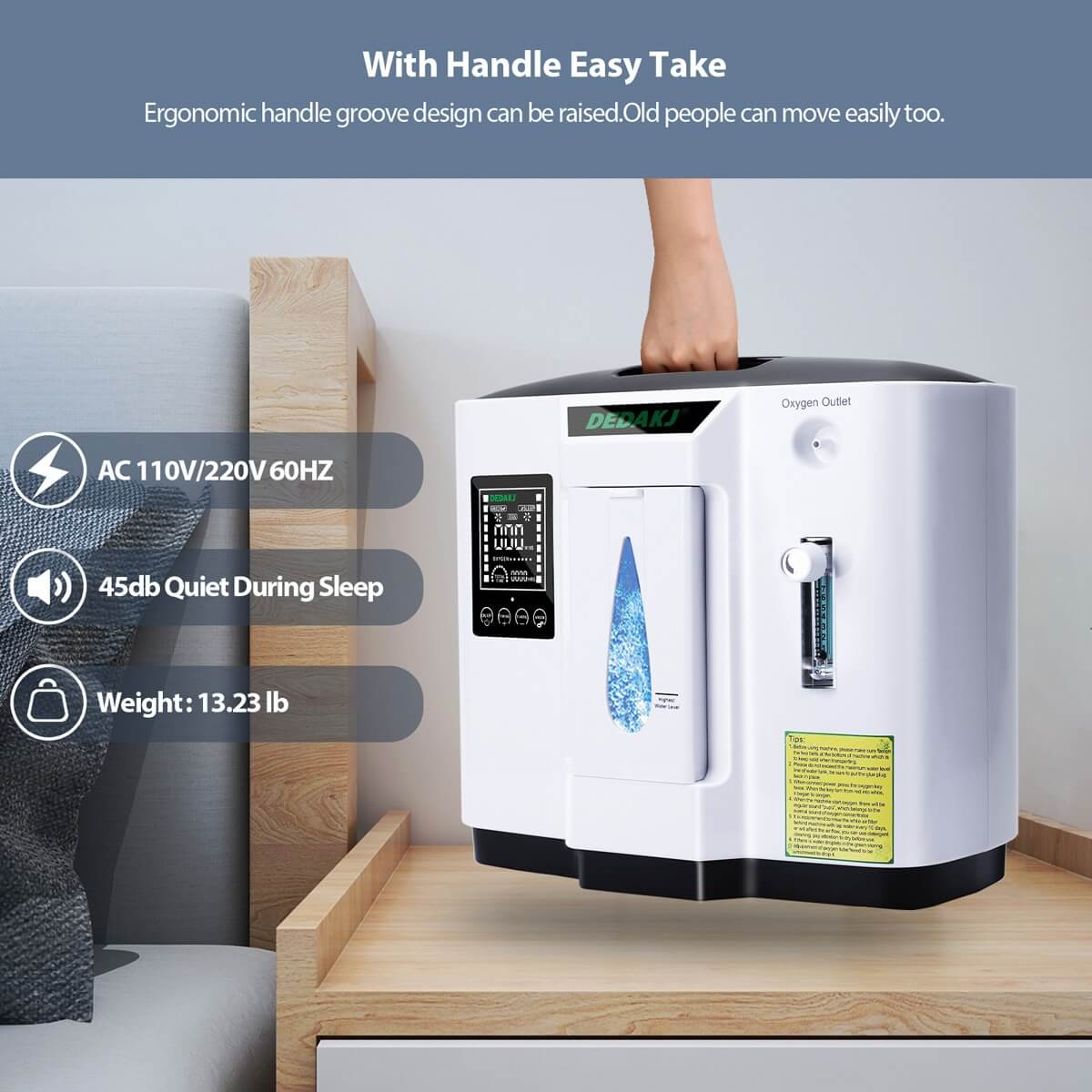 DEDAKJ Home Portable Oxygen Concentrator 7 Liters 90% Purity Room O2 Generator Machine Low Price for Personal Sleeping Use 110V/220V