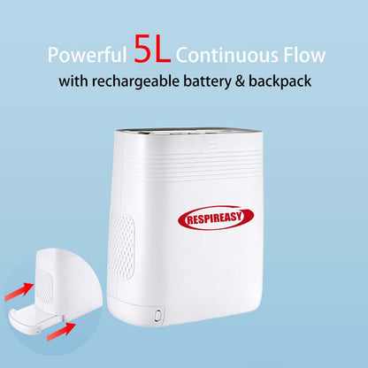 RESPIREASY Small Portable Oxygen Concentrator 5 Liters Per Minute Continuous Flow Oxygenerator with Battery RE-Y5